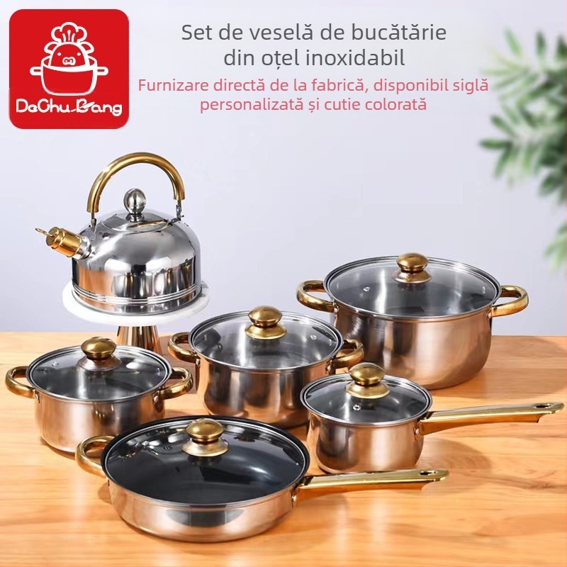 Set de douăsprezece piese cu fund dublu îngroșat transfrontalier, oală din oțel inoxidabil cu un singur mâner, oală pentru lapte cu două urechi, oală pentru supă, set de șase piese, oală cadou