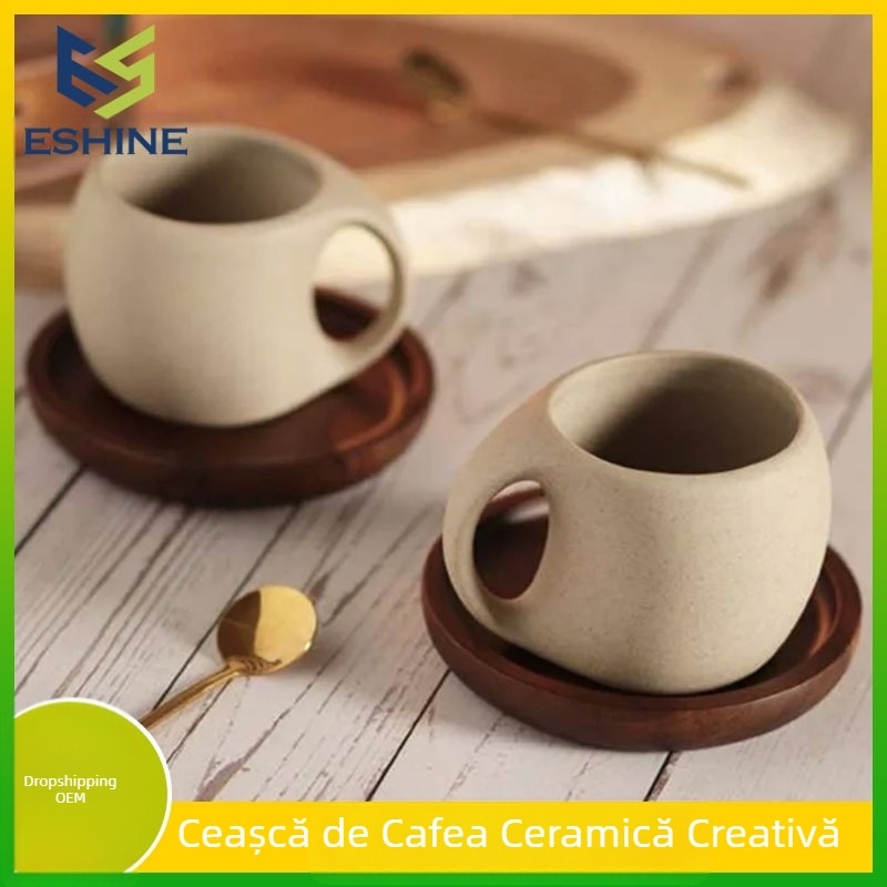 Ceașcă de cafea retro în stil japonez și farfurie, costum creativ de ceramică grosieră, ceașcă de flori, cană rafinată de înaltă calitate pentru uz casnic, Amazon