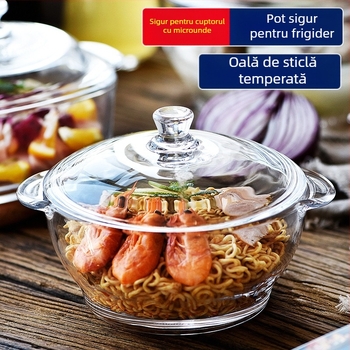 Bol din sticlă securizată transparentă, fără plumb, îngroșată, cu capac, bol pentru supă, bol pentru tăiței, oală din sticlă, cuptor cu microunde disponibil