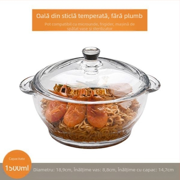 Bol din sticlă securizată transparentă, fără plumb, îngroșată, cu capac, bol pentru supă, bol pentru tăiței, oală din sticlă, cuptor cu microunde disponibil
