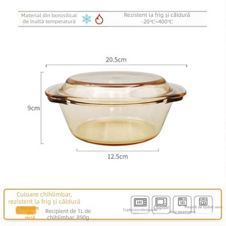 Bol din sticlă securizată transparentă, fără plumb, îngroșată, cu capac, bol pentru supă, bol pentru tăiței, oală din sticlă, cuptor cu microunde disponibil