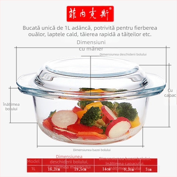 Bol din sticlă securizată transparentă, fără plumb, îngroșată, cu capac, bol pentru supă, bol pentru tăiței, oală din sticlă, cuptor cu microunde disponibil