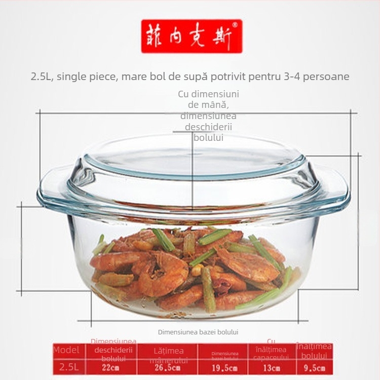 Bol din sticlă securizată transparentă, fără plumb, îngroșată, cu capac, bol pentru supă, bol pentru tăiței, oală din sticlă, cuptor cu microunde disponibil