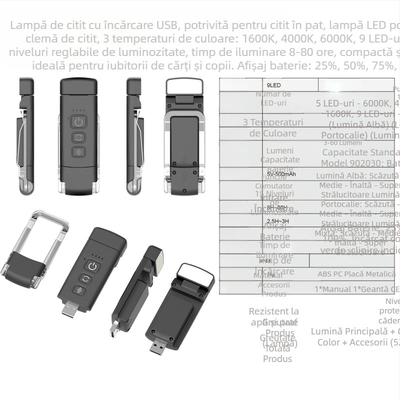 Lampă de masă cu clip pentru carte de citit, lumină de noapte, încărcare USB, lampă portabilă cu clip, protecție pentru ochi, mini lampă LED pentru carte de citit