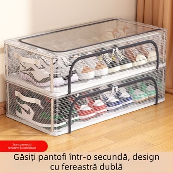 Cutie de depozitare pentru pantofi cu ușă dublă, cu plasă transparentă, cutie de pantofi pliabilă, suport pentru pantofi pentru dormitor, depozitare la fundul patului, dulap pentru pantofi