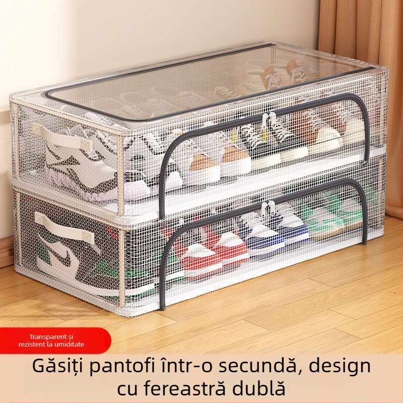 Cutie de depozitare pentru pantofi cu ușă dublă, cu plasă transparentă, cutie de pantofi pliabilă, suport pentru pantofi pentru dormitor, depozitare la fundul patului, dulap pentru pantofi