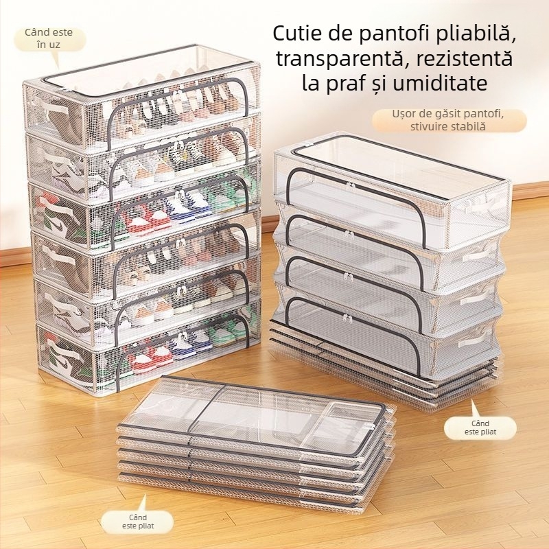 Cutie de depozitare pentru pantofi cu ușă dublă, cu plasă transparentă, cutie de pantofi pliabilă, suport pentru pantofi pentru dormitor, depozitare la fundul patului, dulap pentru pantofi