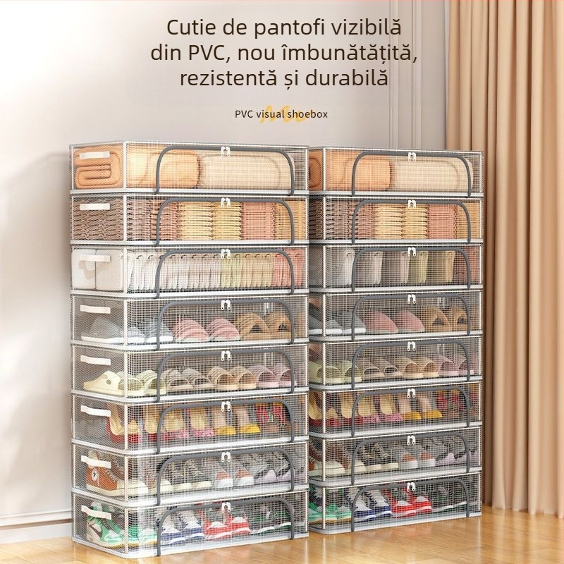 Cutie de depozitare pentru pantofi cu ușă dublă, cu plasă transparentă, cutie de pantofi pliabilă, suport pentru pantofi pentru dormitor, depozitare la fundul patului, dulap pentru pantofi