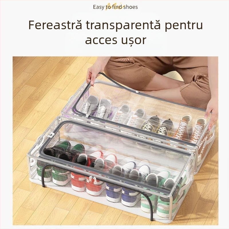 Cutie de depozitare pentru pantofi cu ușă dublă, cu plasă transparentă, cutie de pantofi pliabilă, suport pentru pantofi pentru dormitor, depozitare la fundul patului, dulap pentru pantofi