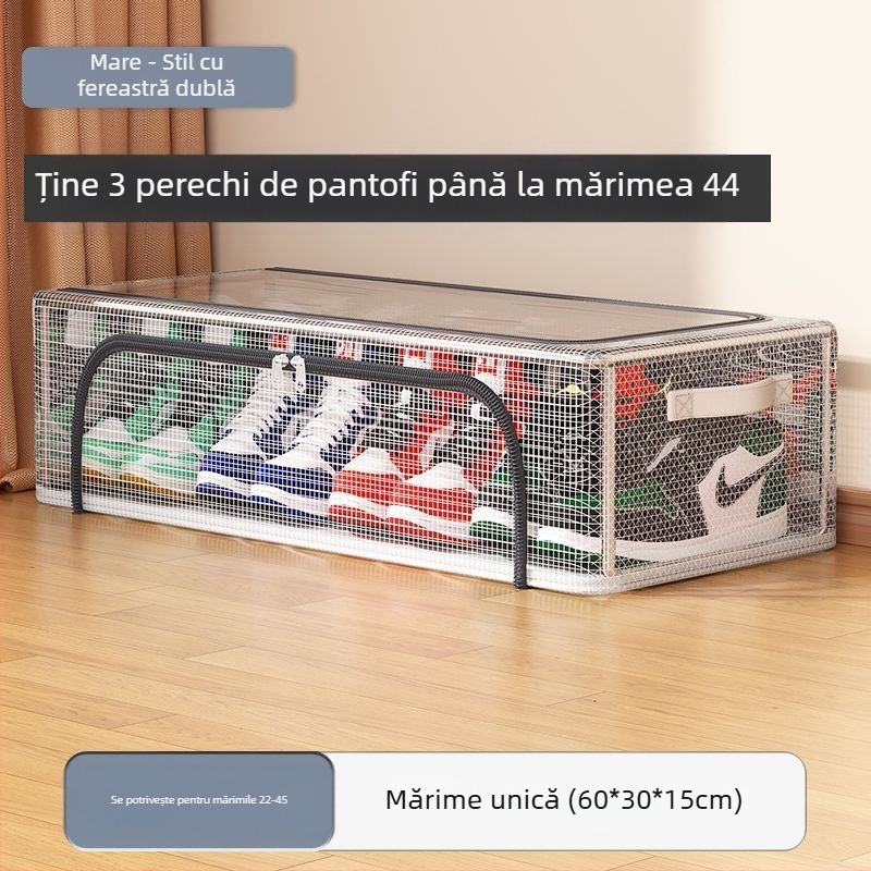 Cutie de depozitare pentru pantofi cu ușă dublă, cu plasă transparentă, cutie de pantofi pliabilă, suport pentru pantofi pentru dormitor, depozitare la fundul patului, dulap pentru pantofi