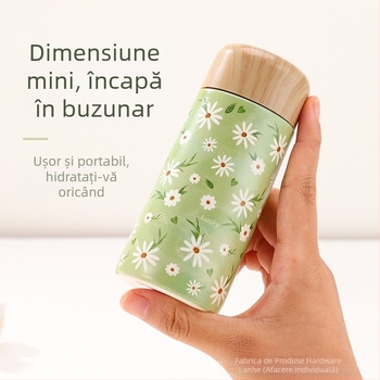 Mini termos cu imprimeu din lemn, portabil, din oțel inoxidabil, capacitate mică, pentru studenți, drăguț de buzunar, cană de apă, cadou