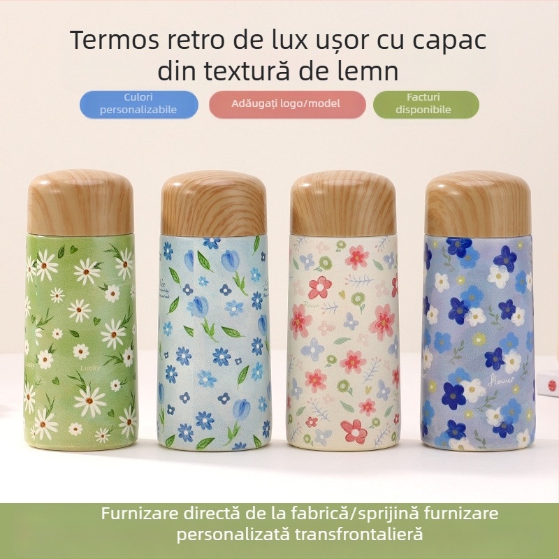 Mini termos cu imprimeu din lemn, portabil, din oțel inoxidabil, capacitate mică, pentru studenți, drăguț de buzunar, cană de apă, cadou