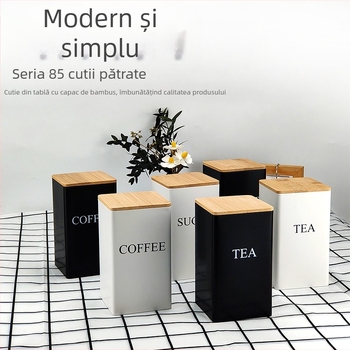 Borcan pătrat cu capac de bambus, cutie de fier, borcan simplu, stil european și american, pentru cafea, bomboane, ceai, borcan sigilat din tablă de oțel, ambalaj metalic