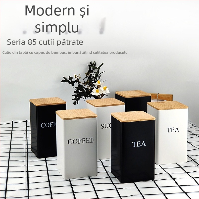 Borcan pătrat cu capac de bambus, cutie de fier, borcan simplu, stil european și american, pentru cafea, bomboane, ceai, borcan sigilat din tablă de oțel, ambalaj metalic