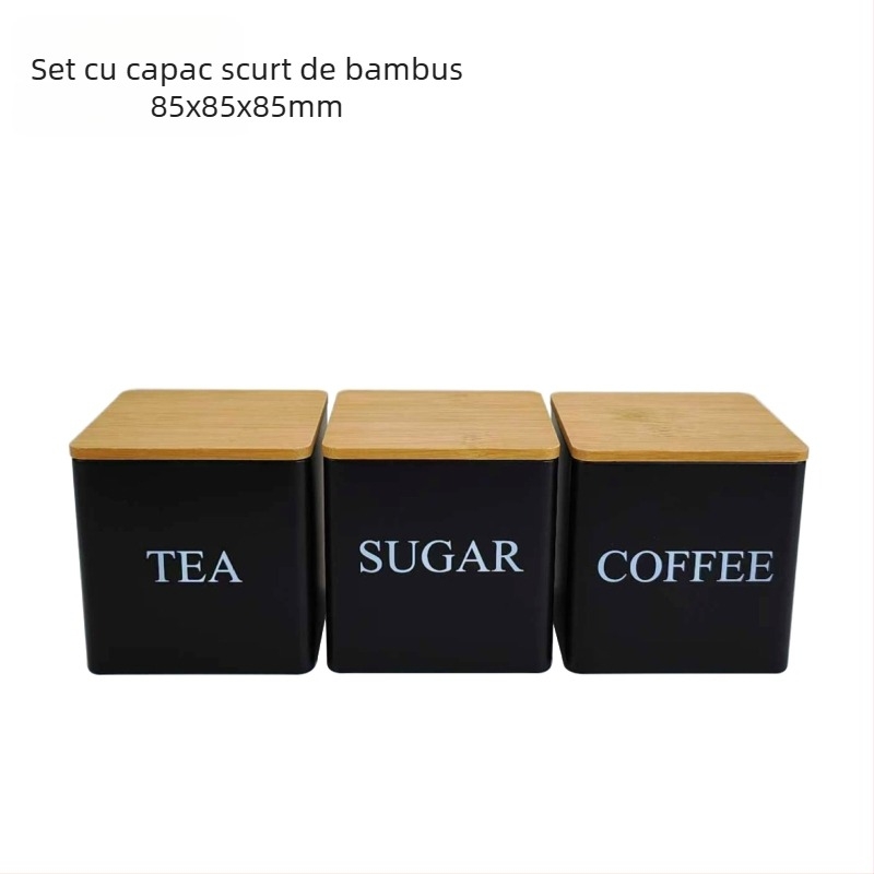 Borcan pătrat cu capac de bambus, cutie de fier, borcan simplu, stil european și american, pentru cafea, bomboane, ceai, borcan sigilat din tablă de oțel, ambalaj metalic