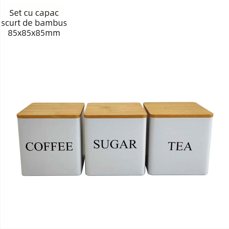 Borcan pătrat cu capac de bambus, cutie de fier, borcan simplu, stil european și american, pentru cafea, bomboane, ceai, borcan sigilat din tablă de oțel, ambalaj metalic