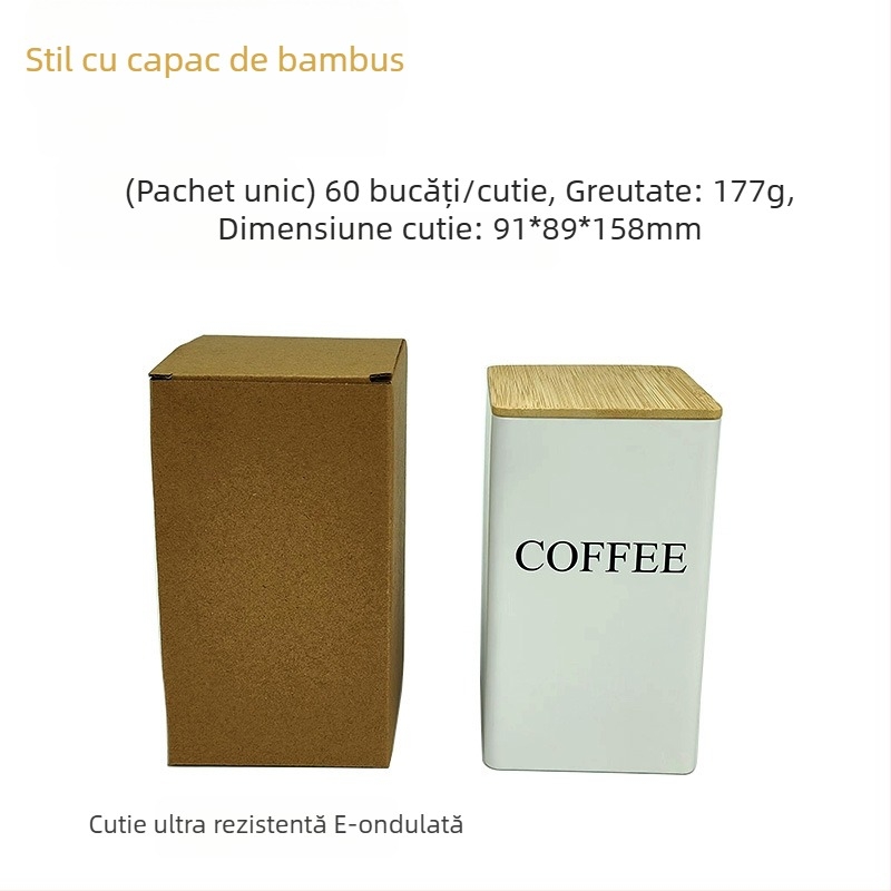 Borcan pătrat cu capac de bambus, cutie de fier, borcan simplu, stil european și american, pentru cafea, bomboane, ceai, borcan sigilat din tablă de oțel, ambalaj metalic