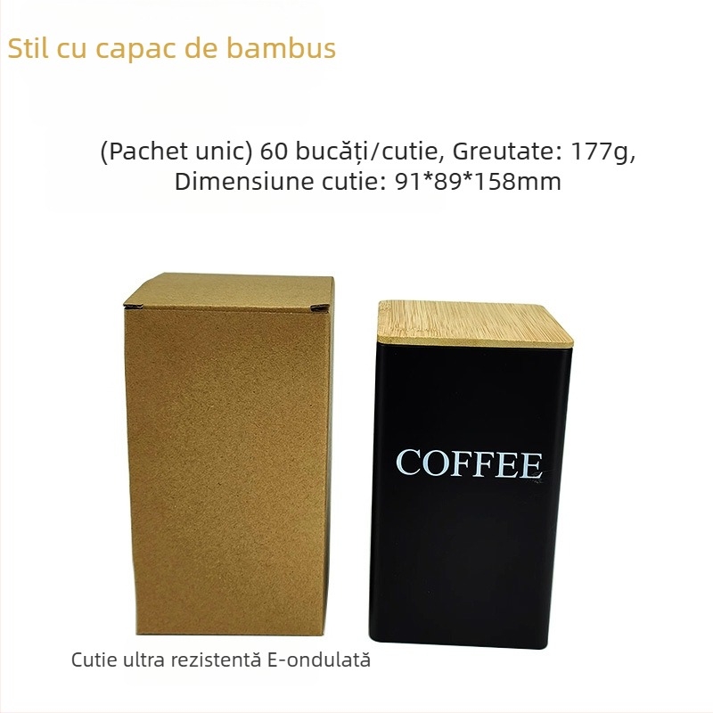 Borcan pătrat cu capac de bambus, cutie de fier, borcan simplu, stil european și american, pentru cafea, bomboane, ceai, borcan sigilat din tablă de oțel, ambalaj metalic