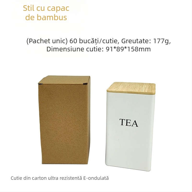 Borcan pătrat cu capac de bambus, cutie de fier, borcan simplu, stil european și american, pentru cafea, bomboane, ceai, borcan sigilat din tablă de oțel, ambalaj metalic