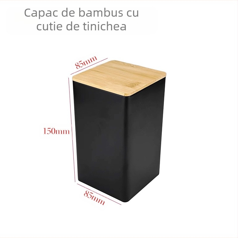 Borcan pătrat cu capac de bambus, cutie de fier, borcan simplu, stil european și american, pentru cafea, bomboane, ceai, borcan sigilat din tablă de oțel, ambalaj metalic