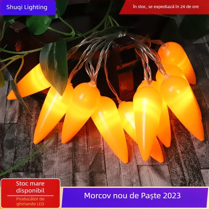 Lumini decorative colorate cu LED-uri creative pentru dormitor, decorațiuni intermitente cu ouă de Paște și morcovi, șir de lumini intermitent