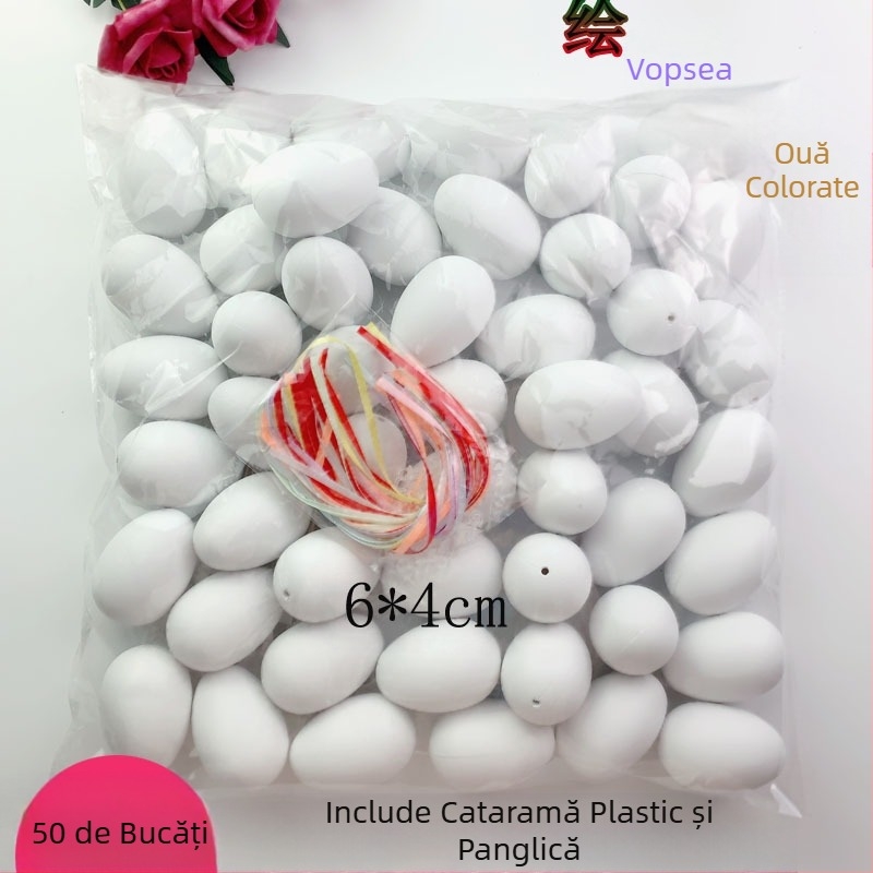 50 de bucăți de ouă artificiale albe colorate, coji de ouă din plastic, ouă de Paște graffiti DIY lucrate manual pentru grădiniță