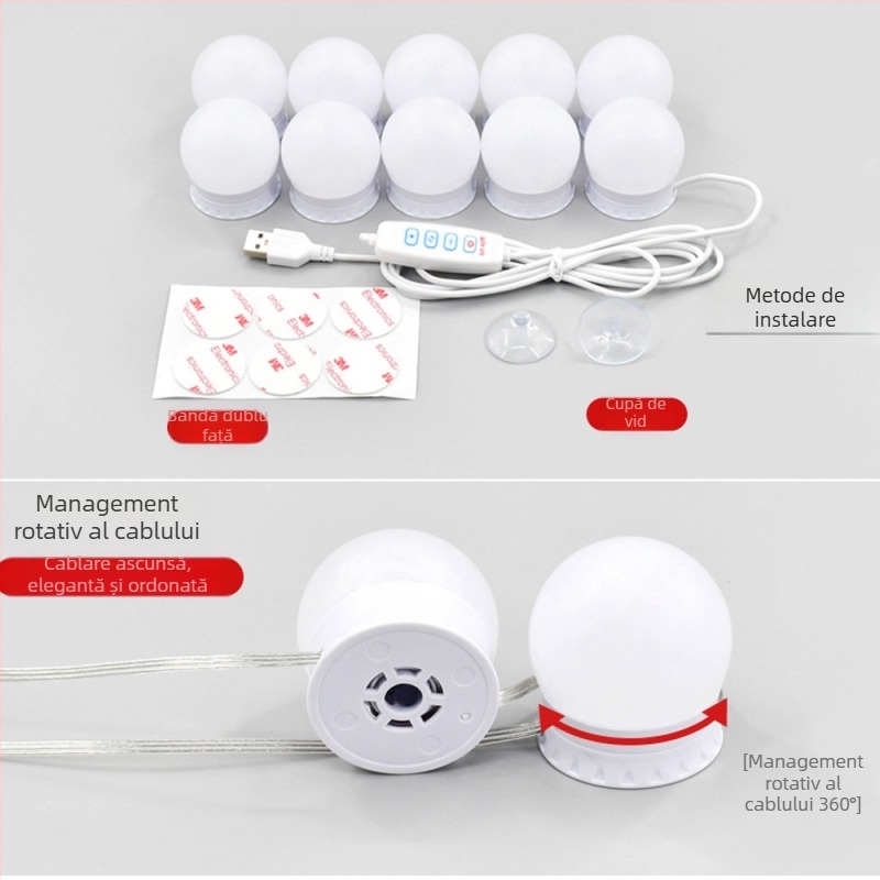 Bec LED pentru machiaj cu oglindă Hollywood, bec tricolor USB pentru oglindă, bec de umplere pentru oglindă far