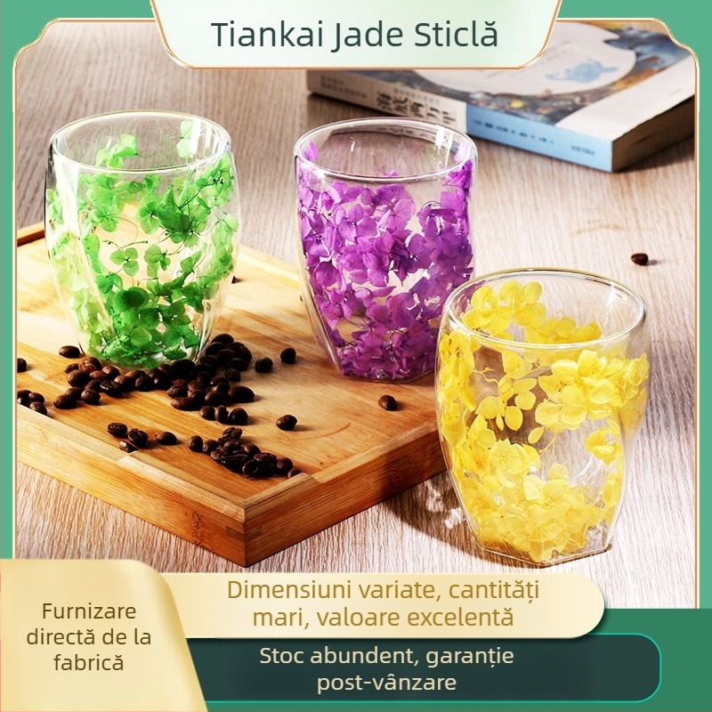 Cană transparentă cu borosilicat ridicat, en-gros, cu lapte, suc, cafea, cană spirală, sticlă, cu două straturi, floare reală