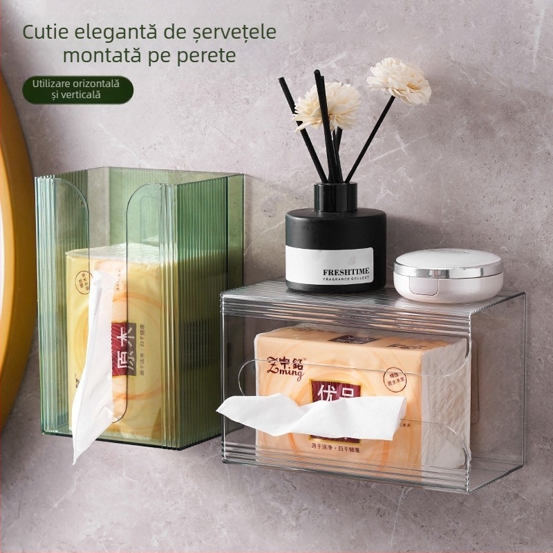 Cutie de șervețele de lux ușoară, montată pe perete, fără perforator, pentru baie, depozitare a prosoapelor faciale, hârtie igienică, extracție, bucătărie, umeraș inversat