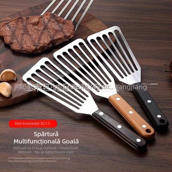 Lopată din oțel inoxidabil pentru pește prăjit, lopată pentru friptură, lopată de uz casnic, mâner din lemn, lopată de gătit din plastic, ustensile de bucătărie