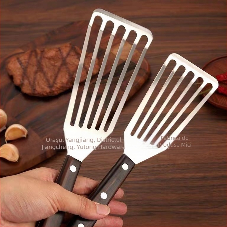 Lopată din oțel inoxidabil pentru pește prăjit, lopată pentru friptură, lopată de uz casnic, mâner din lemn, lopată de gătit din plastic, ustensile de bucătărie