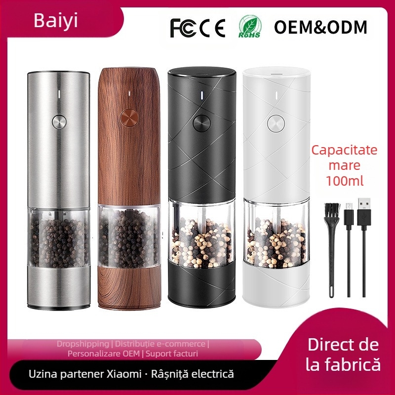 Râșniță electrică de piper negru Baizhe Spot Kitchen, râșniță de piper și sare de mare reîncărcabilă, râșniță multifuncțională pentru condimente