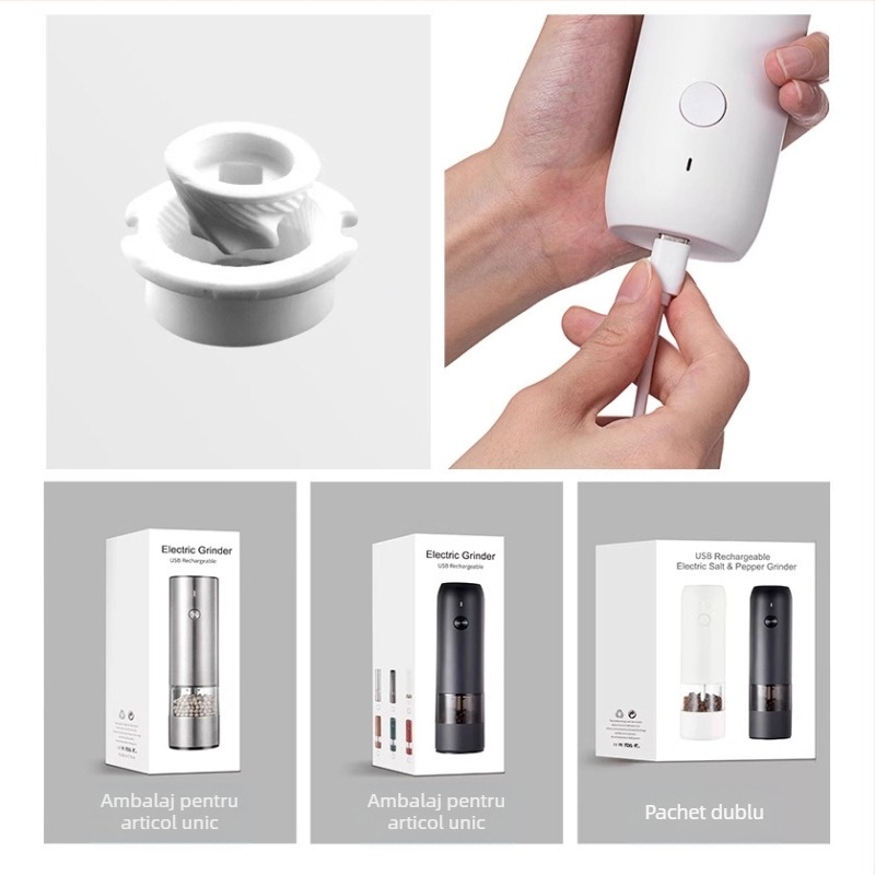 Râșniță electrică de piper negru Baizhe Spot Kitchen, râșniță de piper și sare de mare reîncărcabilă, râșniță multifuncțională pentru condimente