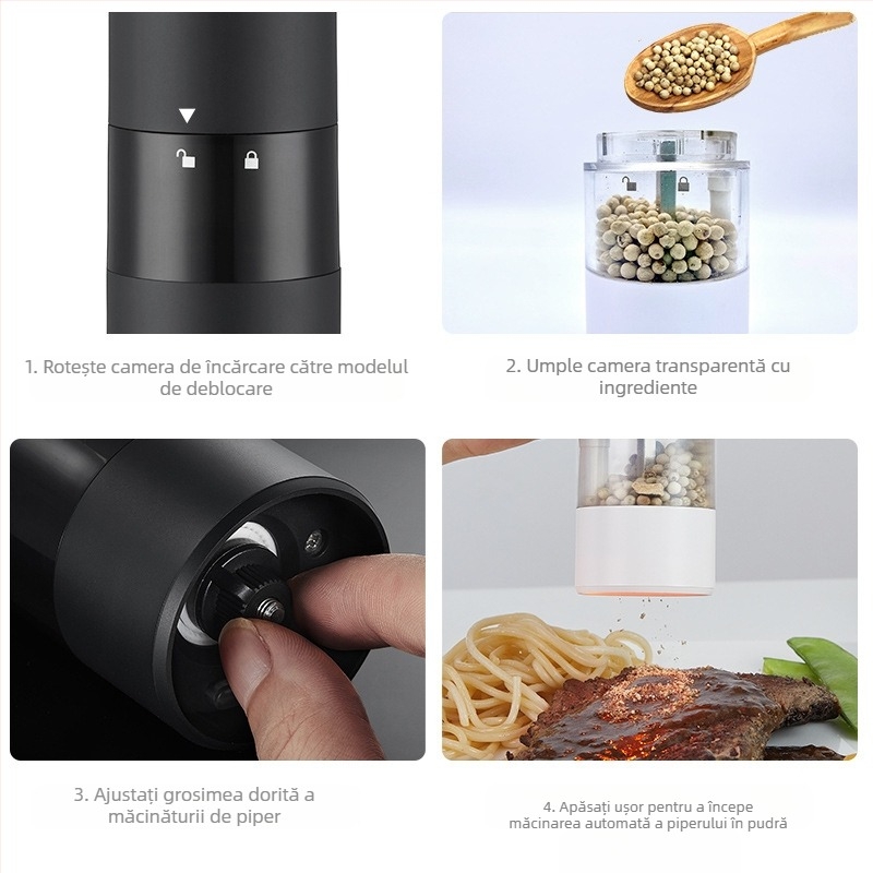 Râșniță electrică de piper negru Baizhe Spot Kitchen, râșniță de piper și sare de mare reîncărcabilă, râșniță multifuncțională pentru condimente
