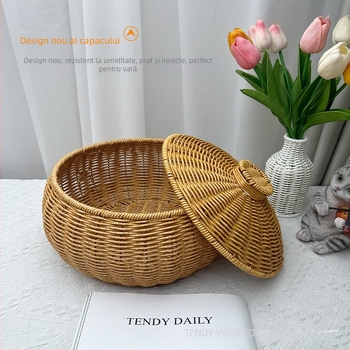Coș rotund pentru fructe, gustări, țesut din ratan, cu capac, coș de depozitare, bijuterii, cosmetice, cutie de depozitare pentru jucării, ratan țesut, albastru