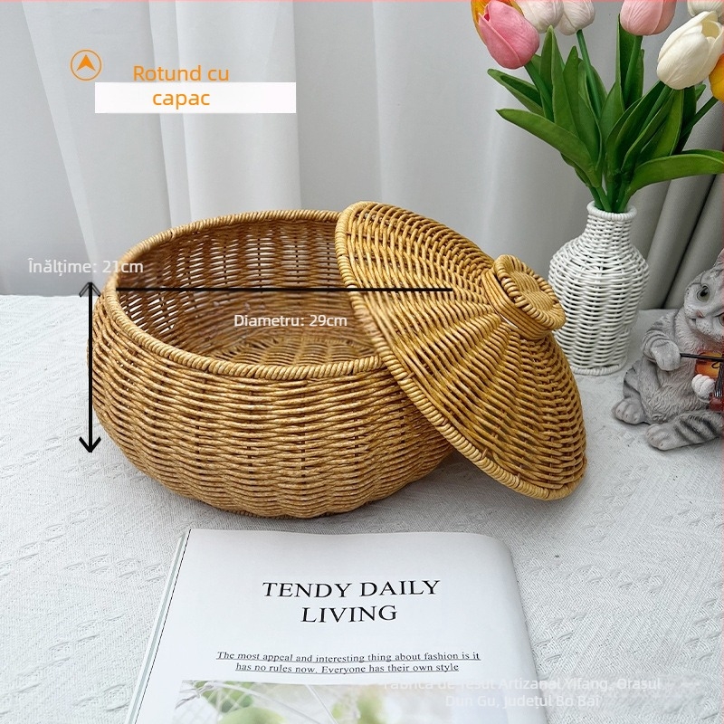 Coș rotund pentru fructe, gustări, țesut din ratan, cu capac, coș de depozitare, bijuterii, cosmetice, cutie de depozitare pentru jucării, ratan țesut, albastru