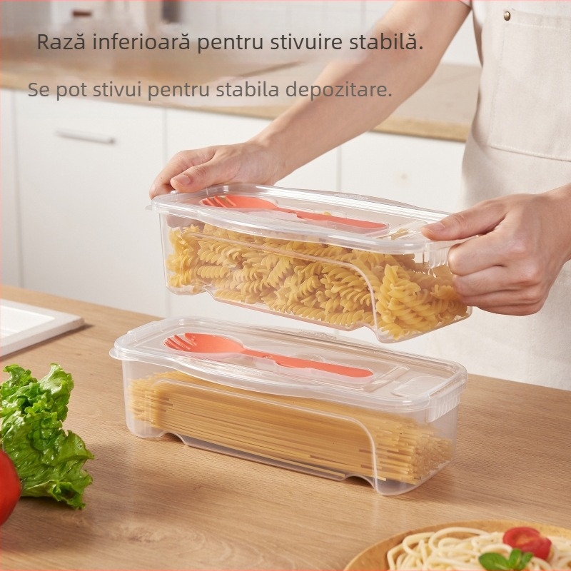 Cutie de depozitare a alimentelor de 1300 ml cu furculiță și lingură, frigider, scurgere, cutie cu tăiței cu capac, cuptor cu microunde, încălzire, amestecare tăiței, cutie