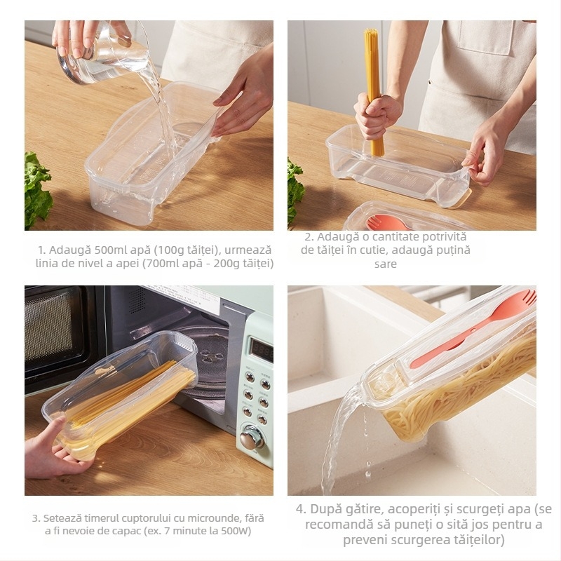 Cutie de depozitare a alimentelor de 1300 ml cu furculiță și lingură, frigider, scurgere, cutie cu tăiței cu capac, cuptor cu microunde, încălzire, amestecare tăiței, cutie