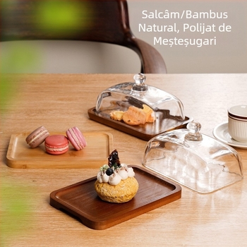 Farfurie de desert pentru desert, gustări, tort, farfurie dreptunghiulară din lemn de salcâm, capac de sticlă, farfurie cu unt și brânză