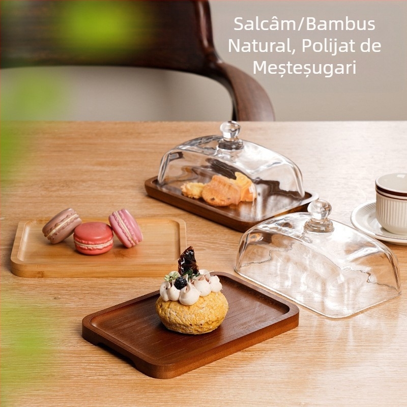 Farfurie de desert pentru desert, gustări, tort, farfurie dreptunghiulară din lemn de salcâm, capac de sticlă, farfurie cu unt și brânză
