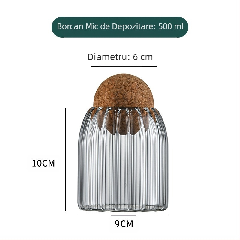 Borcan sigilat din plută ondulată sferică, borcan de depozitare sigilat din plută, capac din plută, sticlă borosilicată de înaltă calitate