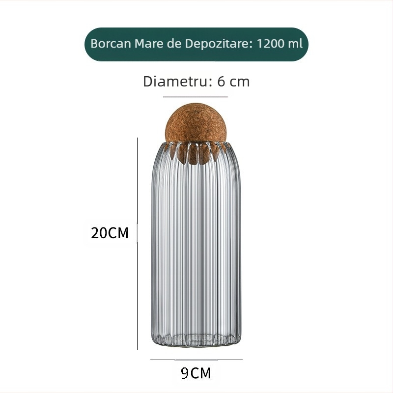 Borcan sigilat din plută ondulată sferică, borcan de depozitare sigilat din plută, capac din plută, sticlă borosilicată de înaltă calitate