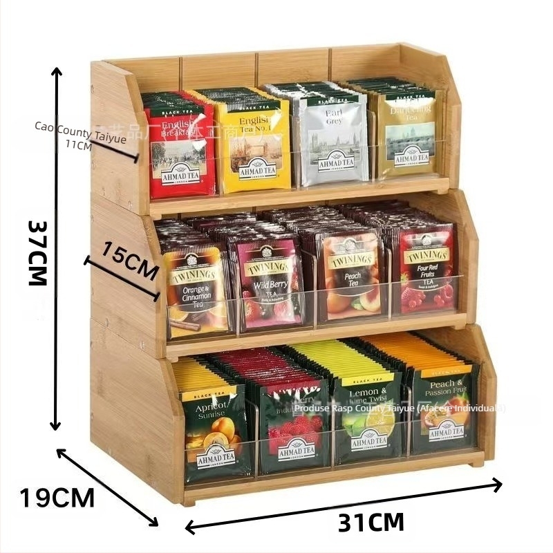 Cutie de depozitare pentru pliculețe de ceai din bambus, cu trei straturi, pentru pliculețe de cafea, raft pentru depozitarea cafelei, stație de cafea, cameră de ceai, capsule de cafea, cutie de depozitare