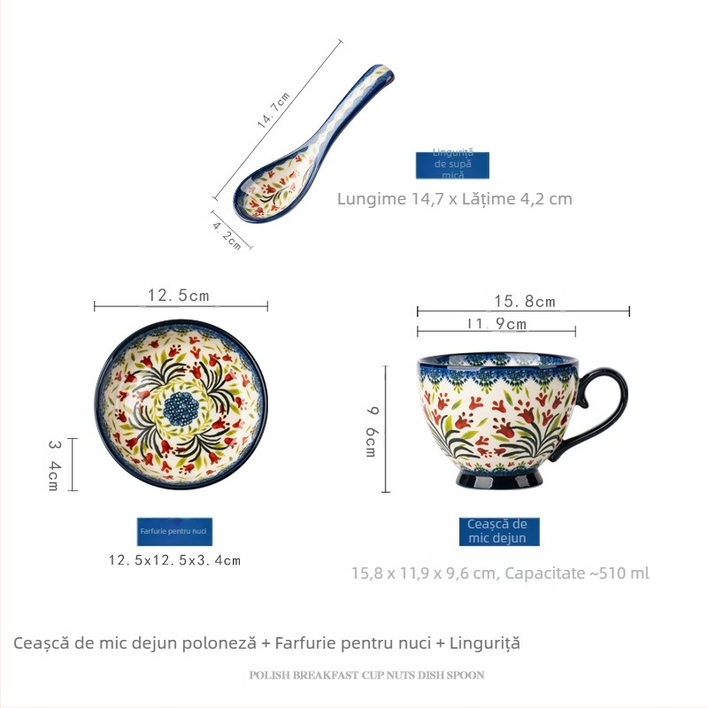 Cană ceramică poloneză cu capac, ceașcă vintage pentru micul dejun, ceașcă de apă rafinată pentru birou, ceașcă de cafea de uz casnic, en-gros