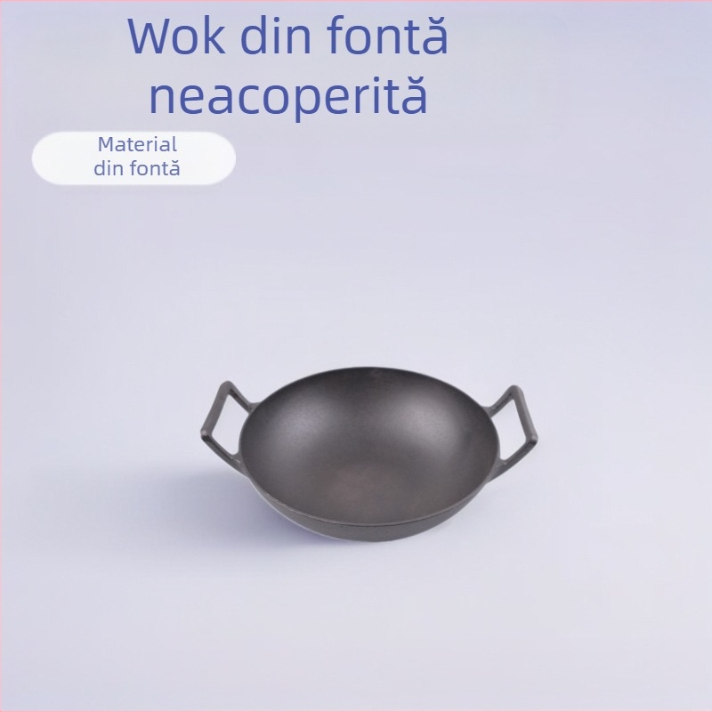 Fabrică en-gros, wok mare, neacoperit, îngroșat, tigaie antiaderentă pentru bucătărie, tigaie cu două urechi, wok din fontă de modă veche, tigaie de fier de uz casnic