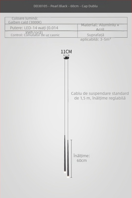 Lustră de noptieră cu formă conică, stil modern minimalist, finisaj electroplacat, cu două capete