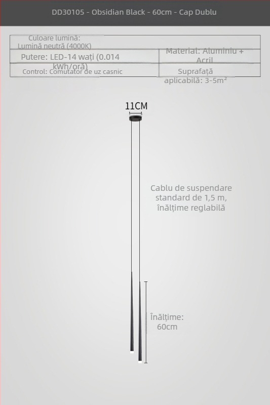 Lustră de noptieră cu formă conică, stil modern minimalist, finisaj electroplacat, cu două capete