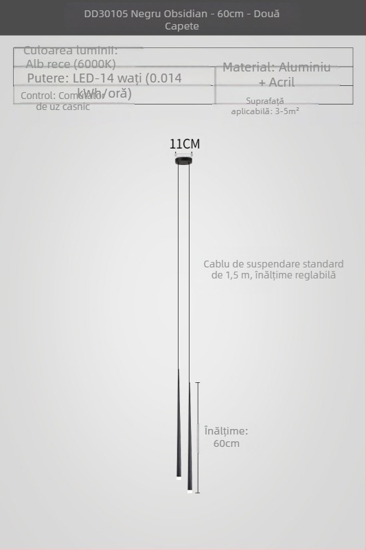 Lustră de noptieră cu formă conică, stil modern minimalist, finisaj electroplacat, cu două capete