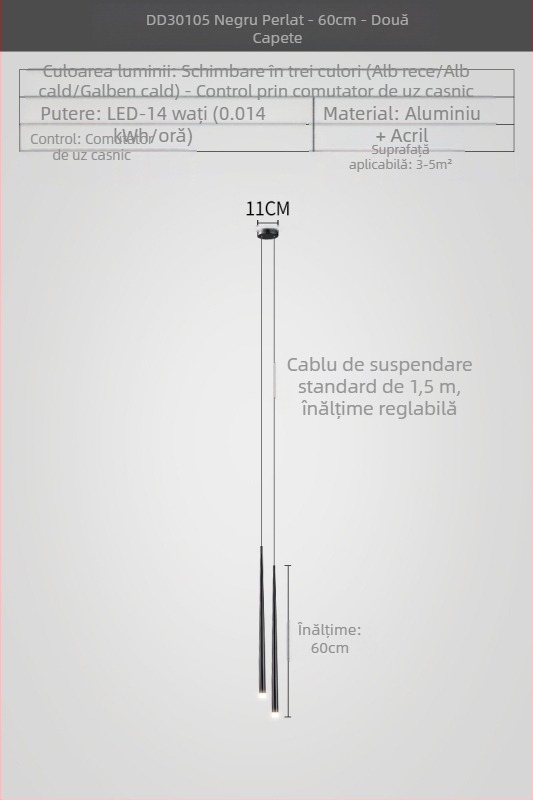 Lustră de noptieră cu formă conică, stil modern minimalist, finisaj electroplacat, cu două capete