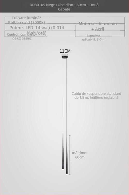 Lustră de noptieră cu formă conică, stil modern minimalist, finisaj electroplacat, cu două capete